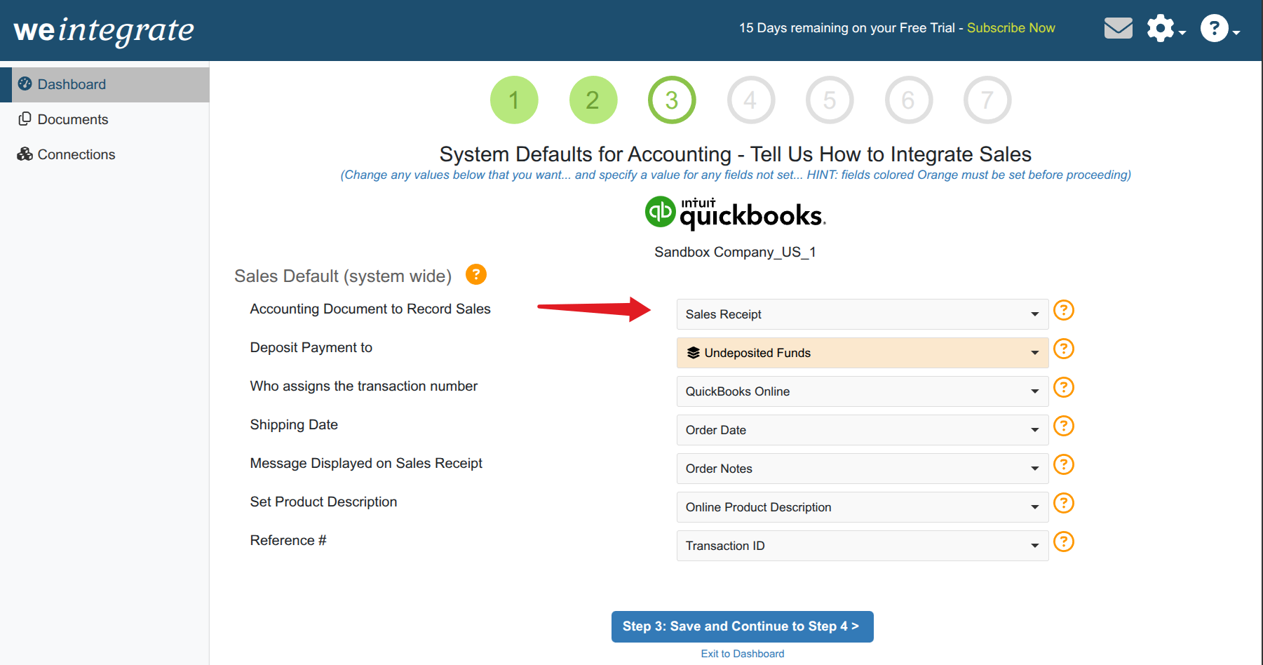 WeIntegrate Record Sales Type setting showing Sales Receipt and Invoice options